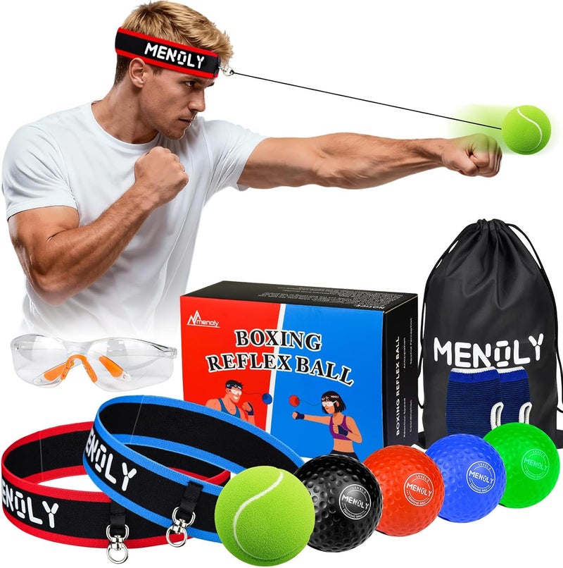 MENOLY 5pcs Boxing Reflex Balls Set, 2 Adjustable Headbands, 1 Pair Goggles and Gloves, Speed Training Equipment for Hand Eye Coordination, Agility, Great Gift for Men, Boxers & Fitness Fans - Image 1